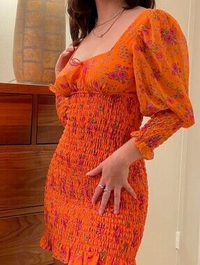 For Love And Lemons Orange Chiffon Peony Floral Puff-Sleeve Mini Dress S